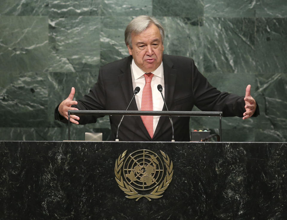 FILE - In this Oct. 13, 2016 file photo, Antonio Guterres of Portugal, Secretary-General designate of the United Nations, speaks during his appointment at U.N. headquarters. Guterres begins a five year term as the organization's Secretary General on Sunday, Jan. 1, 2017. Guterres takes the reins of the United Nations on New Year's Day, promising to be a "bridge-builder" but facing an antagonistic incoming U.S. administration led by Donald Trump who thinks the world body's 193 member states do nothing except talk and have a good time. (AP Photo/Seth Wenig, File)