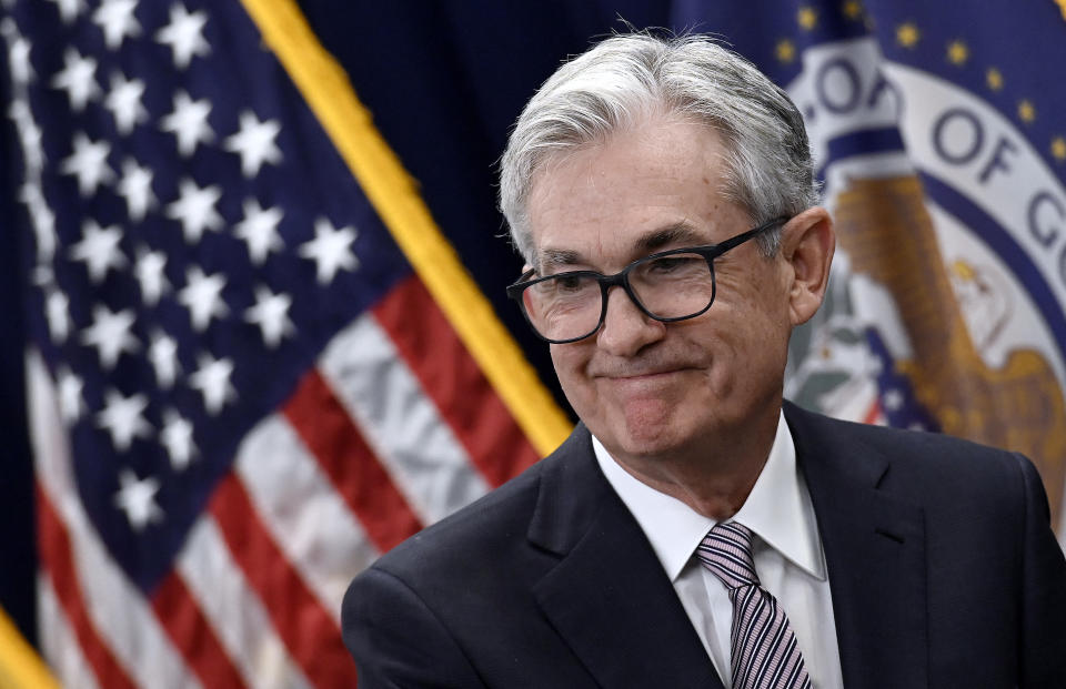 Jerome Powell smiles after taking the oath of office for his second term as Chair of the Board of Governors of the Federal Reserve System at the Federal Reserve Building in Washington, DC, on May 23, 2022. (Photo by OLIVIER DOULIERY / AFP) (Photo by OLIVIER DOULIERY/AFP via Getty Images)