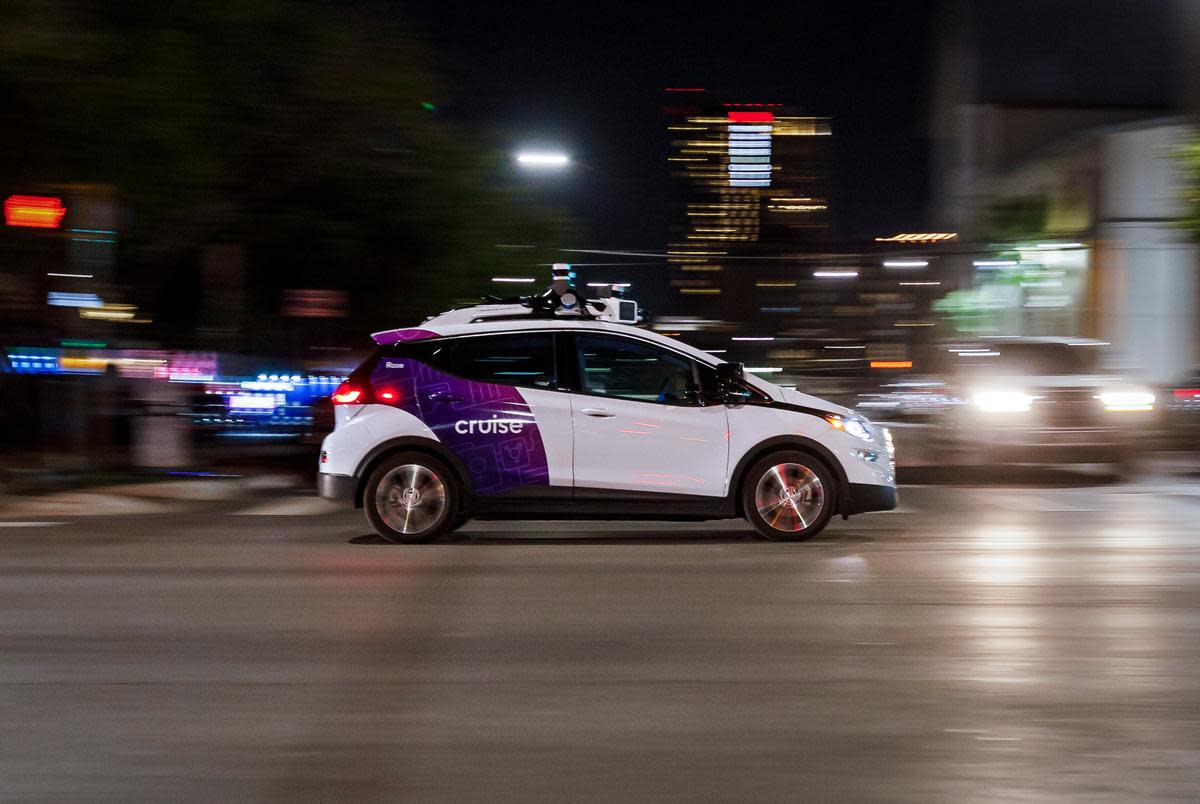 A Cruise car drives down the street in downtown Austin on Sept. 26, 2023. Cruise, a San Francisco-based autonomous car company, is one of several autonomous driving companies that test vehicles in Austin.