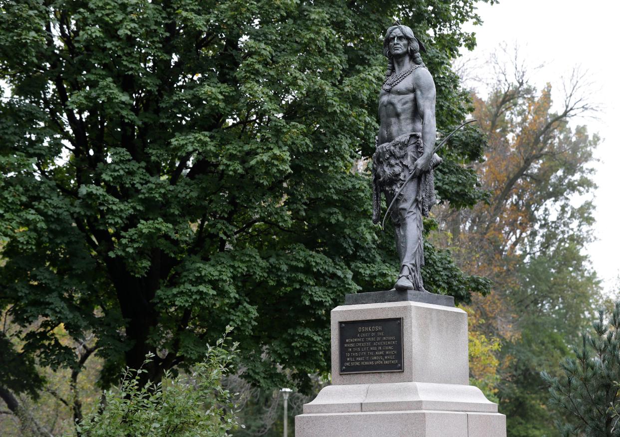FILE - The Chief Oshkosh monument is seen Tuesday, Oct. 12, 2021, at Menominee Park in Oshkosh.