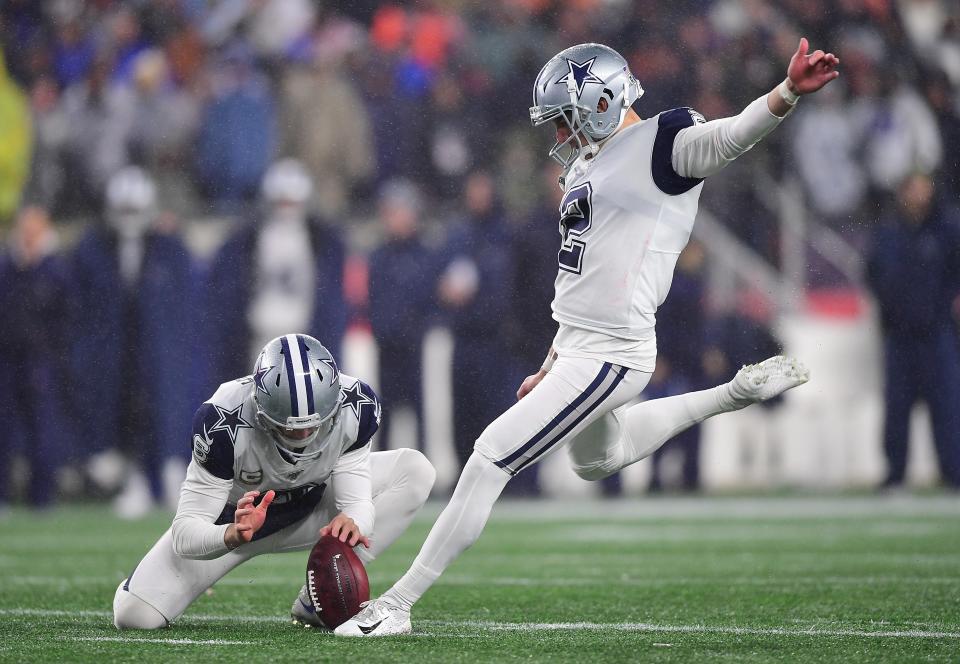 Brett Maher #2 of the Dallas Cowboys kicks a field goal during the fourth quarter against the New England Patriots in the game at Gillette Stadium on November 24, 2019 in Foxborough, Massachusetts.