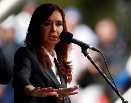Former Argentine President Cristina Fernandez de Kirchner speaks during a rally outside a Justice building in Buenos Aires, Argentina, April 13, 2016. REUTERS/Marcos Brindicci