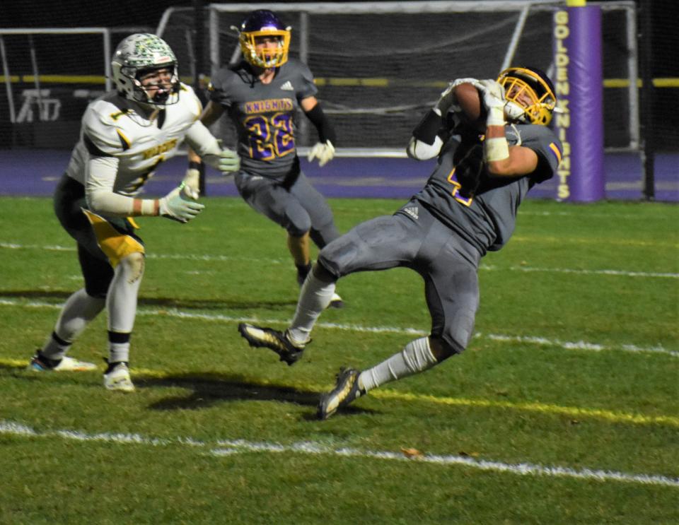 Anthony Phan intercepts a pass for Holland Patent late in the first half of an Oct. 22, 2022, game against Adirondack. The teams met twice last fall. They meet again Saturday for the first time this season.