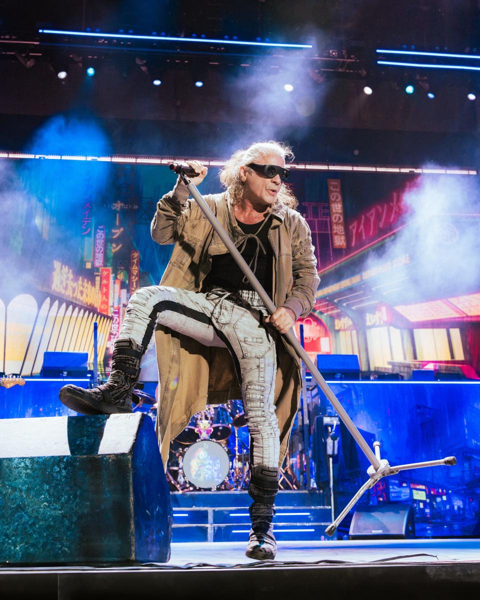 Iron Maiden vocalist Bruce Dickinson performs during the first night of the Power Trip music festival at the Empire Polo Club in Indio, Calif., Friday, Oct. 6, 2023.