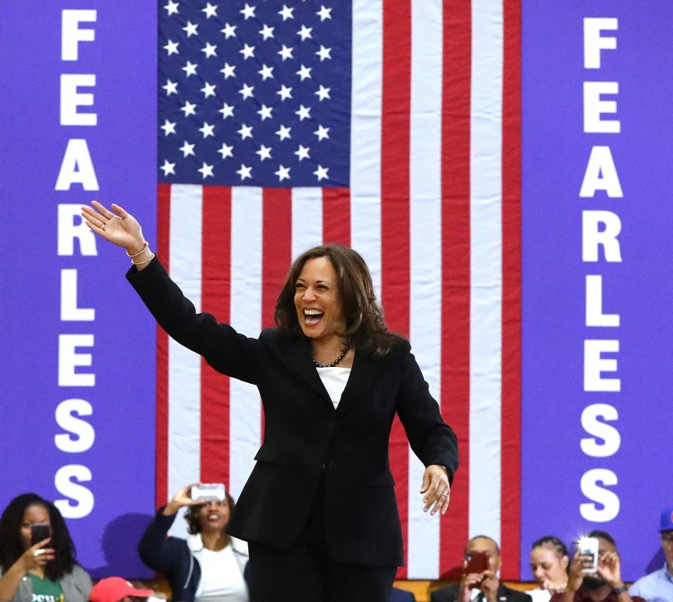 Sen. Kamala Harris, D-Calif., takes the stage for a campaign rally at Morehouse College, March 24, 2019, in Atlanta.