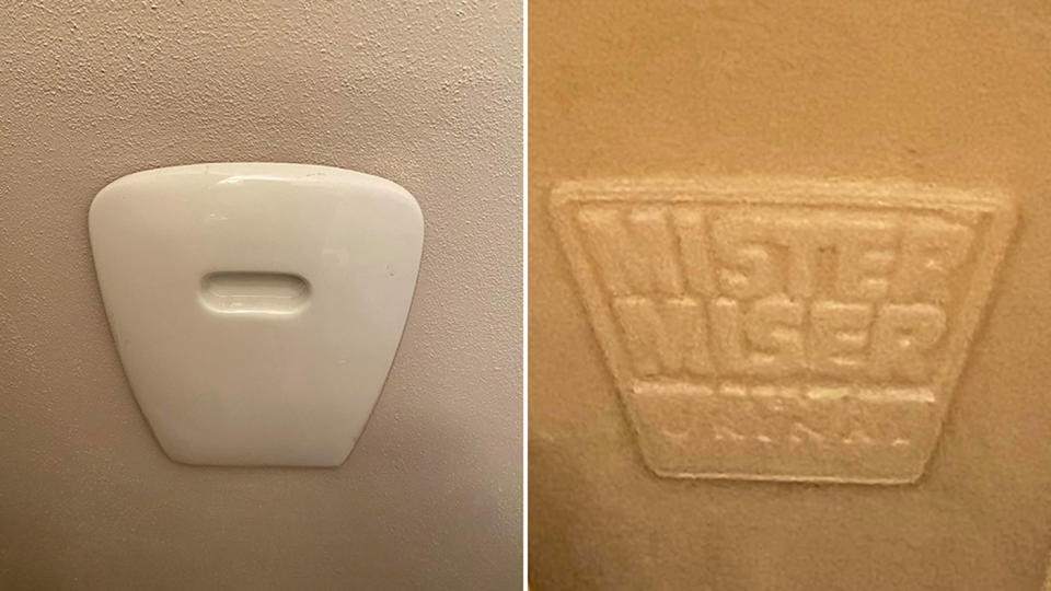 Pictured is the door of the fold-out Mister Miser urinal seen on the wall, and on the right a close-up of the logo.