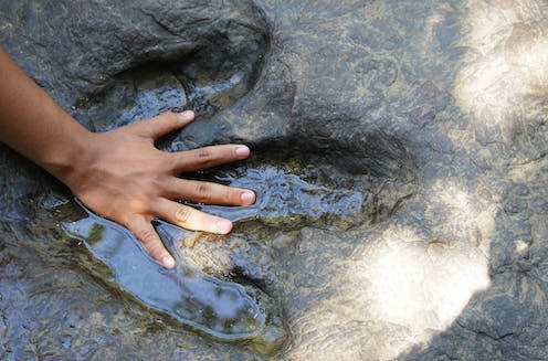   <span class="attribution"><a class="link " href="https://www.shutterstock.com/image-photo/human-hand-compare-real-dinosaur-footprint-1205774944" rel="nofollow noopener" target="_blank" data-ylk="slk:Rattana/Shutterstock;elm:context_link;itc:0;sec:content-canvas">Rattana/Shutterstock</a></span>