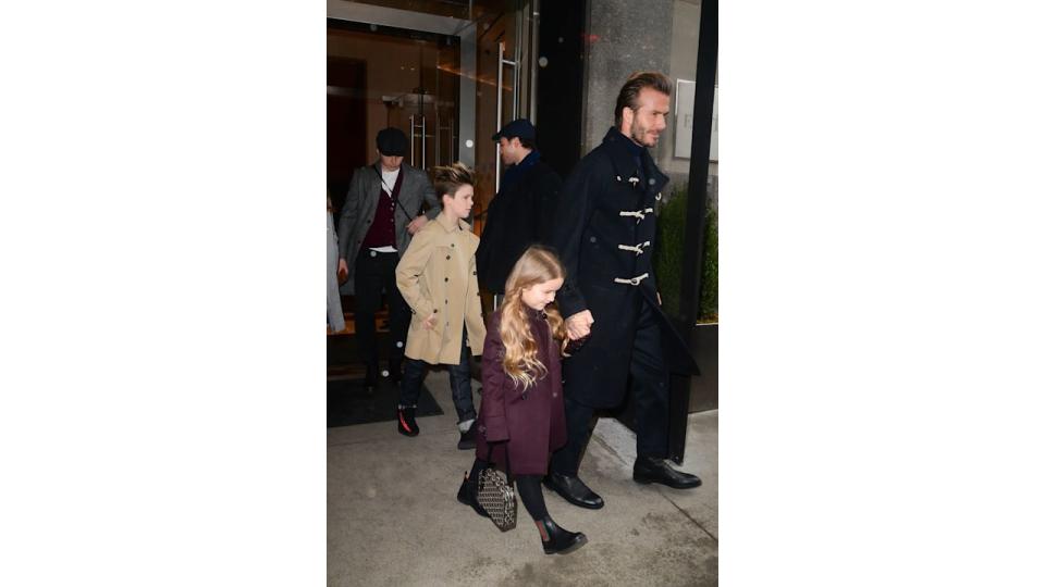 Harper Beckham and David Beckham are seen walking in Mitown on February 12, 2017 in New York City.