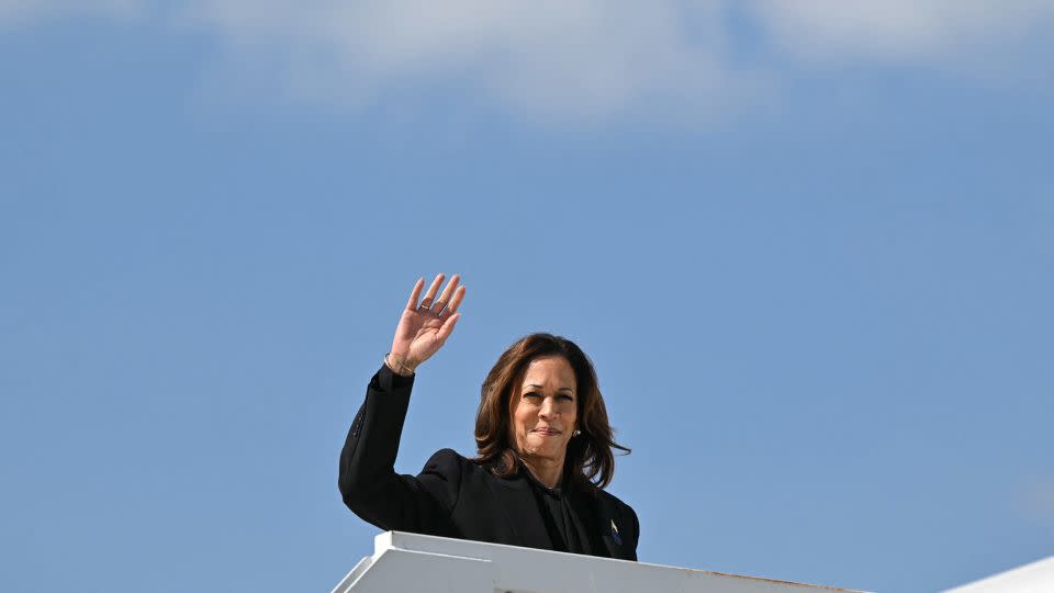 Vice President Kamala Harris boards Air Force Two before departing John Murtha Johnstown-Cambria County Airport in Johnstown, Pennsylvania, on September 11, 2024. - Mandel Ngan/AFP/Getty Images