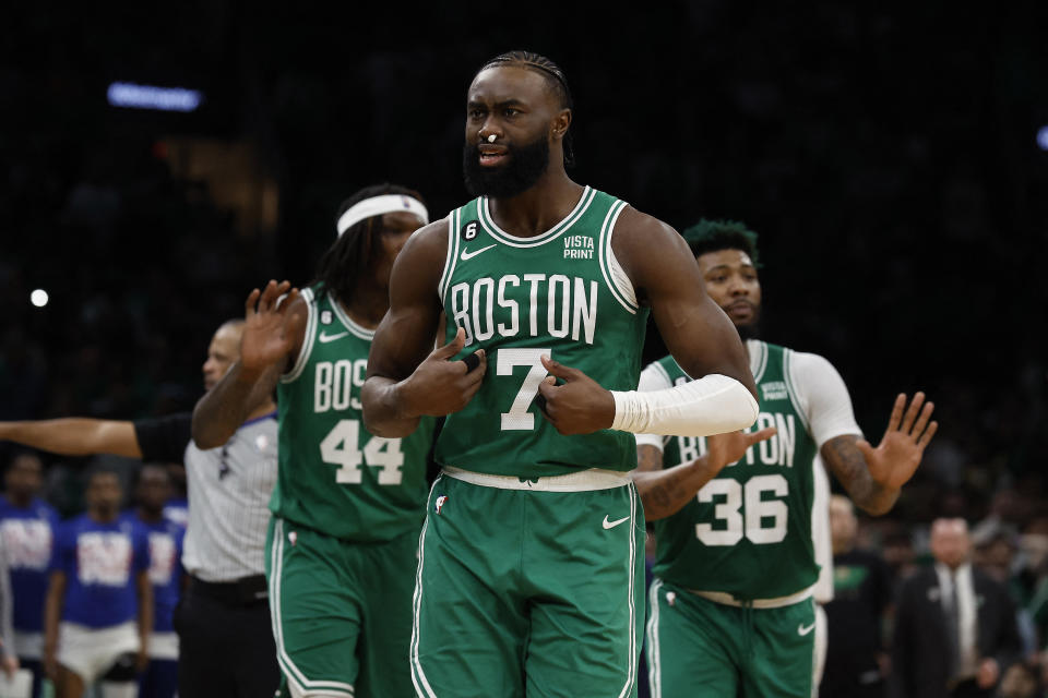 Jaylen Brown reacts to being called for a technical foul in Game 7. (Winslow Townson/Reuters)
