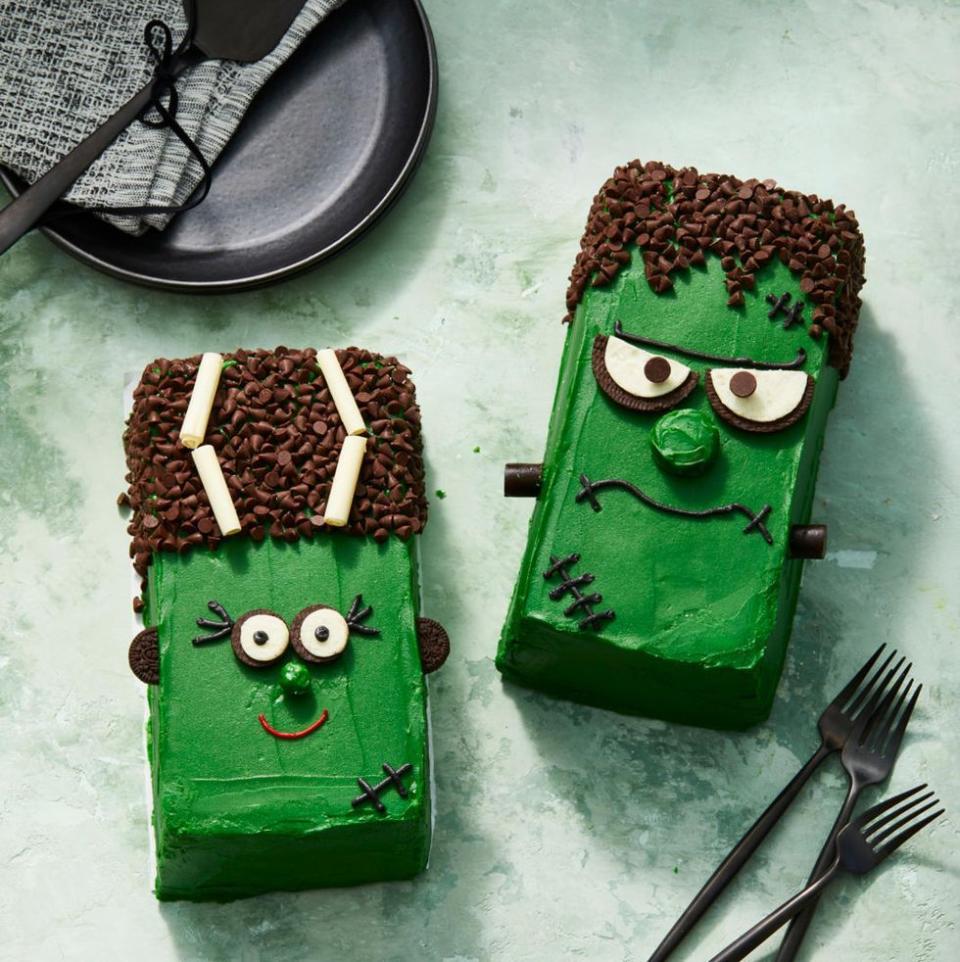 <p>How adorable are these cakes?! Once you cut them open, you'll find a cinnamon swirl cake topped with cream cheese frosting. </p><p><em><a href="https://www.goodhousekeeping.com/food-recipes/a33461504/frankenstein-cake-recipe/" rel="nofollow noopener" target="_blank" data-ylk="slk:Get the recipe from Good Housekeeping;elm:context_link;itc:0;sec:content-canvas" class="link ">Get the recipe from Good Housekeeping</a>.</em></p>