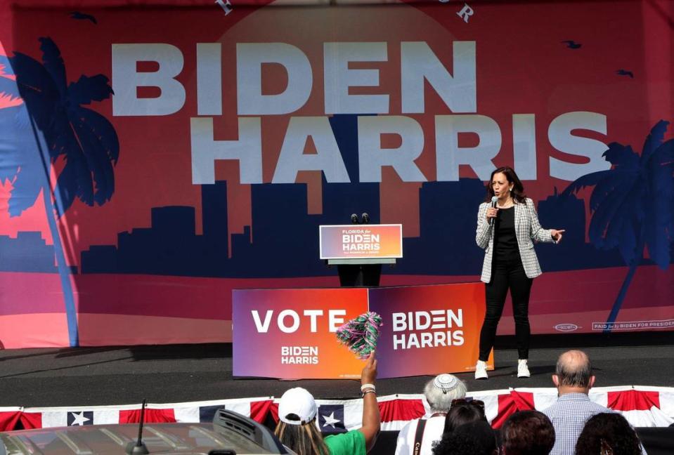 U.S. Senator Kamala Harris, running mate of Democratic presidential nominee Joe Biden speaks during a drive-in rally she held at FIU South Campus in Miami as she campaigns ahead of November 3rd Election Day in South Florida on Saturday, October 31, 2020