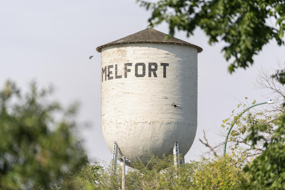 A water tank is photographed in Melfort, Saskatchewan, Monday, Sept. 5, 2022. Multiple victims were stabbed and others injured in the Canadian province of Saskatchewan. Authorities have said some of the victims were targeted and others appeared to have been chosen at random on the James Smith Cree Nation and in the town of Weldon in Saskatchewan. (Heywood Yu/The Canadian Press via AP)