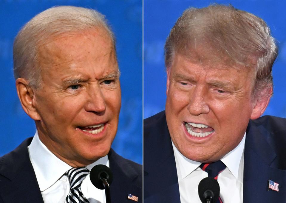 (COMBO) This combination of pictures created on September 29, 2020 shows Democratic Presidential candidate and former US Vice President Joe Biden (L) and US President Donald Trump speaking during the first presidential debate at the Case Western Reserve University and Cleveland Clinic in Cleveland, Ohio on September 29, 2020. US President Donald Trump speaks during the first presidential debate at Case Western Reserve University and Cleveland Clinic in Cleveland, Ohio, on September 29, 2020. (Photos by JIM WATSON and SAUL LOEB / AFP) (Photo by JIM WATSON,SAUL LOEB/AFP via Getty Images)