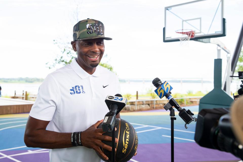 Memphis basketball head coach Penny Hardaway speaks to the media after taking the first shot on the basketball court at the Sunset Canopy in Tom Lee Park a day before the newly renovated park opens to the public in Downtown Memphis, Tenn., on Friday, September 1, 2023.