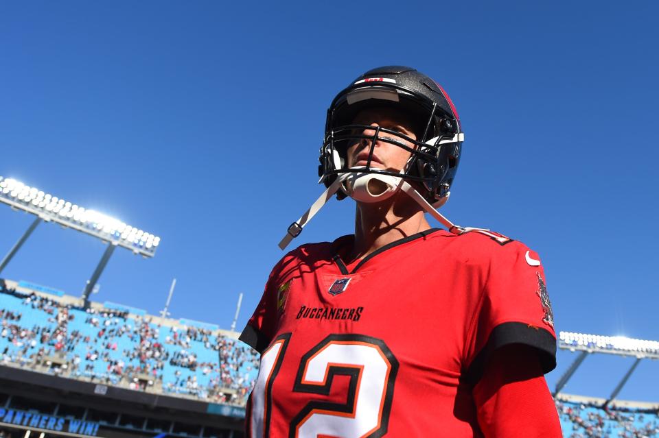 Tom Brady leaves the field following a stunning loss to the Carolina Panthers. The Tampa Bay Buccaneers are just 3-4 on the season.