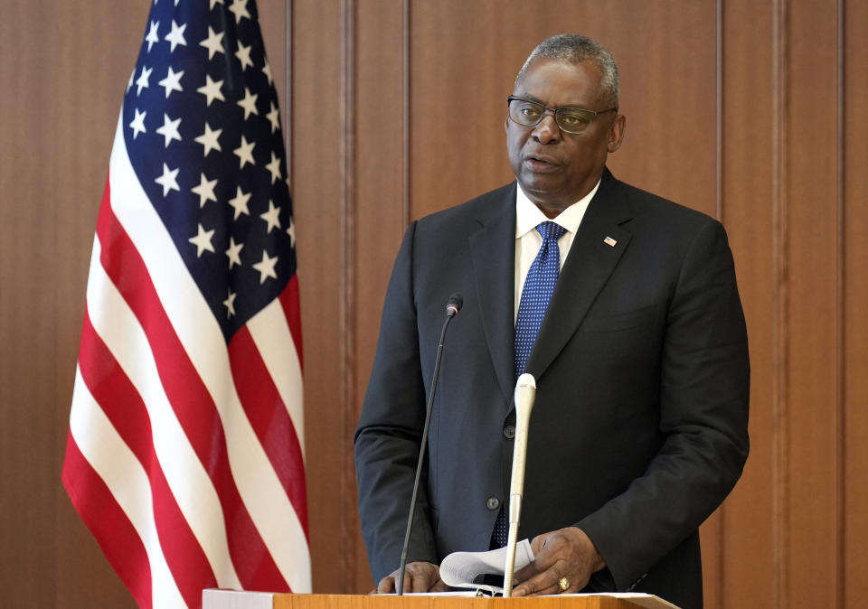 U.S. Defense Secretary Lloyd Austin speaks at a joint press conference with Japanese Defense Minister Yasukazu Hamada after their meeting at the Defense Ministry in Tokyo Thursday, June 1, 2023. (Franck Robichon/Pool Photo via AP)