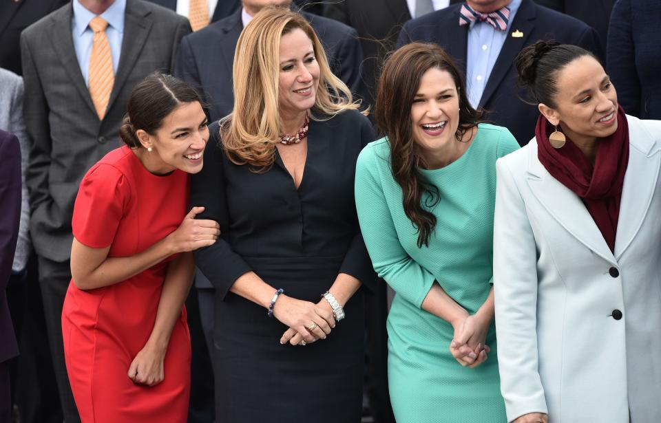 (From left) Reps. Alexandria Ocasio-Cortez (D-N.Y.), Debbie Mucarsel-Powell (D-Fla.), Abby Finkenauer (D-Iowa) and Sharice Davids (D-Kan.)  in Washington, D.C., on November 14, 2018.