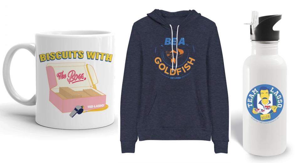 A mug, sweatshirt, and water bottle for Ted Lasso