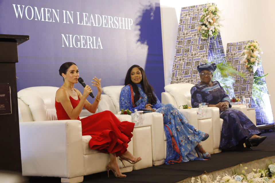 ABUJA, NIGERIA - MAY 11: (EDITORIAL USE ONLY) Meghan, Duchess of Sussex speaks at a Women in Leadership event co-hosted with Ngozi Okonjo-Iweala on May 11, 2024 in Abuja, Nigeria. (Photo by Andrew Esiebo/Getty Images for The Archewell Foundation)