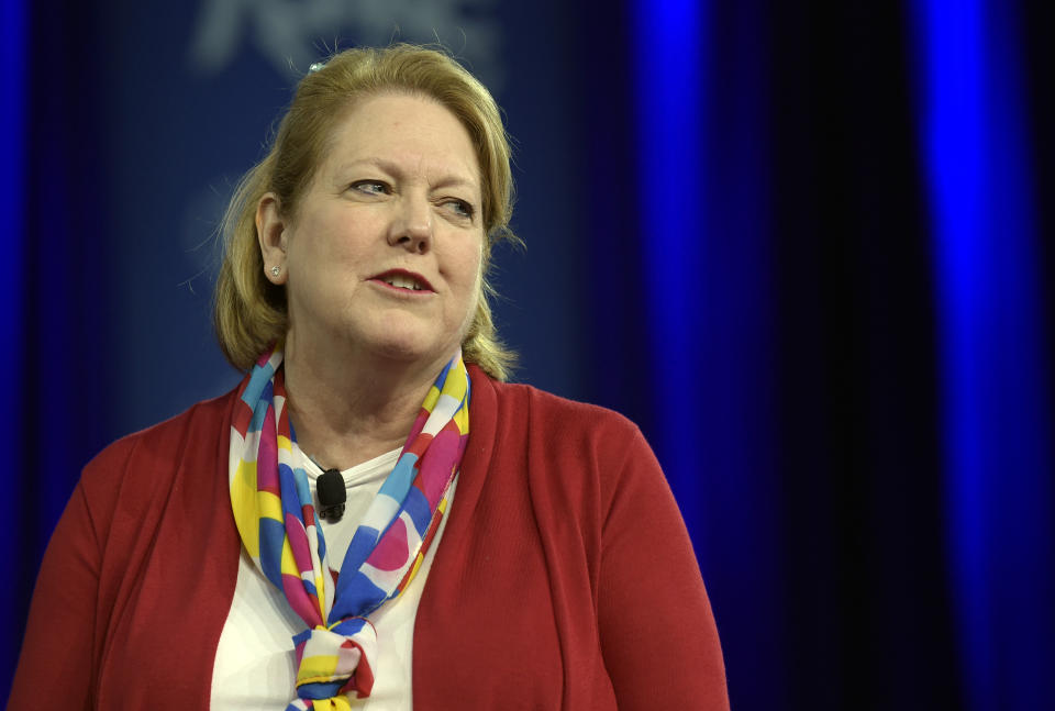 FILE- Virginia Thomas, wife of Supreme Court Justice Clarence Thomas and a special correspondent for The Daily Caller, speaks at the Conservative Political Action Conference (CPAC) in Oxon Hill, Md., on Feb. 23, 2017. Virginia Thomas sent weeks of text messages imploring White House Chief of Staff Mark Meadows to act to overturn the 2020 presidential election — furthering then-President Donald Trump's lies that the free and fair vote was marred by nonexistent fraud, according to copies of the messages obtained by The Washington Post and CBS News. (AP Photo/Susan Walsh, File)