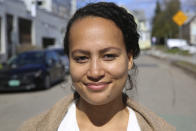 Sianay Chase Clifford, a Vermont social worker who is seeking the Democratic Party nomination to run for the U.S. House poses in Burlington, Vt., on Wednesday, April 20, 2022. Vermont appears poised to end its distinction of being the only state to have never sent a woman or a member of a minority group to Congress. Four women are seeking the Democratic nomination to run for what will be a vacant seat in November. There is one Republican, also a woman, who is seeking her party's nomination. The Vermont primary is Aug. 9. (AP Photo/Wilson Ring)