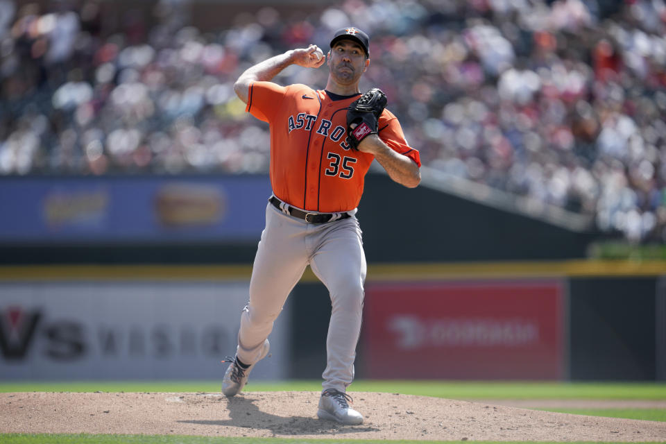 Houston Astros pitcher Justin Verlander throws against the Detroit Tigers in the first inning of a baseball game, Sunday, Aug. 27, 2023, in Detroit. (AP Photo/Paul Sancya)