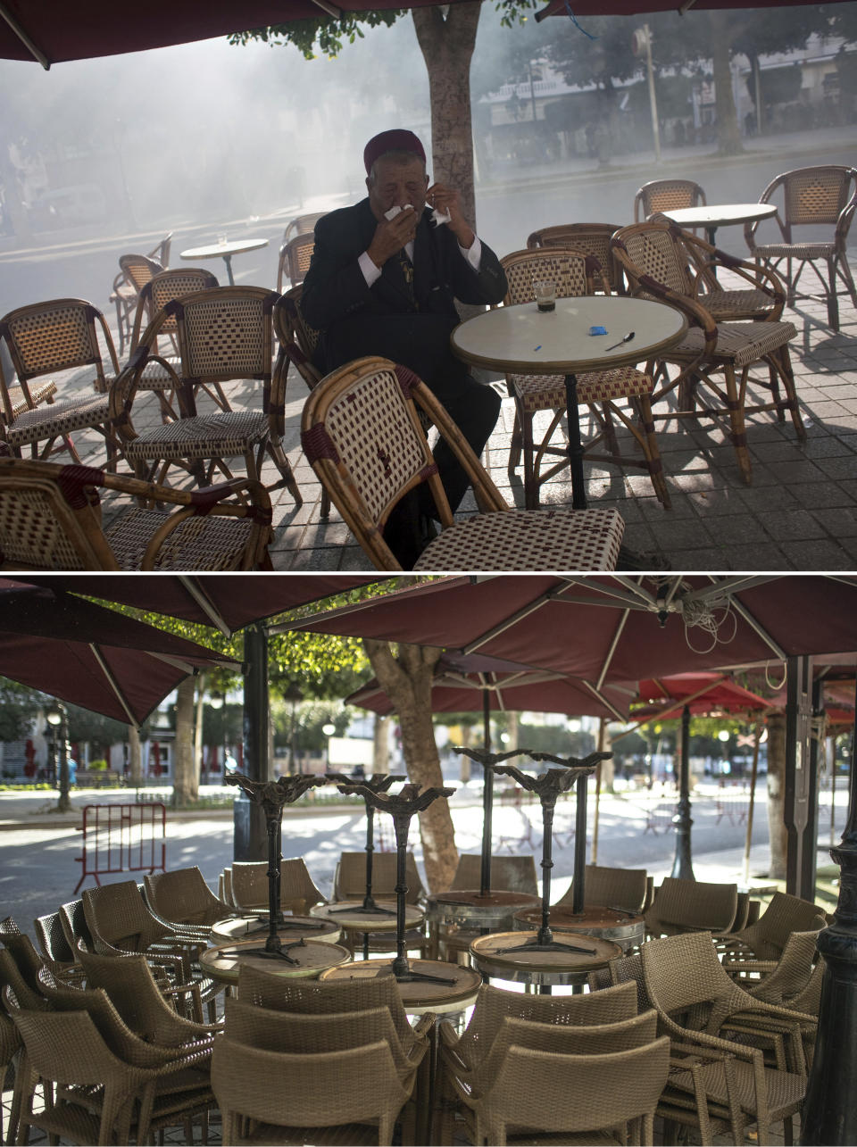 A combo image showing a man trying to breathe through a cloth as teargas during a demonstration against former Tunisian President Zine El Abidine Ben Ali in the center of Tunis, Monday, Jan. 17. 2011 top, and empty chairs and tables packed outside a close street cafe in Tunis' landmark Avenue Habib Bourgiba, where massive protests took place in 2011, on the tenth anniversary of the uprising, during to a national lockdown after a surge in Covid-19 cases, in Tunis, Thursday, Jan. 14, 2021. Tunisia is commemorating the 10th anniversary since the flight into exile of its iron-fisted leader, Zine El Abidine Ben Ali, pushed from power in a popular revolt that foreshadowed the so-called Arab Spring. But there will be no festive celebrations Thursday marking the revolution in this North African nation, ordered into lockdown to contain the coronavirus. (AP Photo/Thibault Camus, Mosa'ab Elshamy)