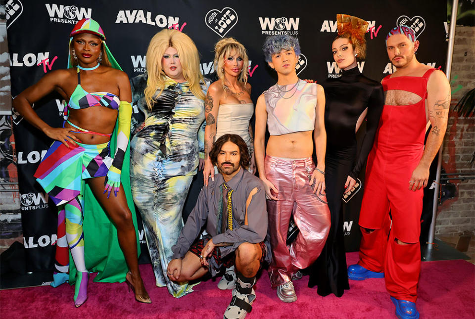 Symone, Grant Vanderbilt, Hunter Crenshaw, Rylie Holden, Caleb F, Gigi Goode and Marko Monroe attend the Avalon TV Premiere Party for "The House Of Avalon" at Soho Warehouse on October 08, 2023 in Los Angeles, California.