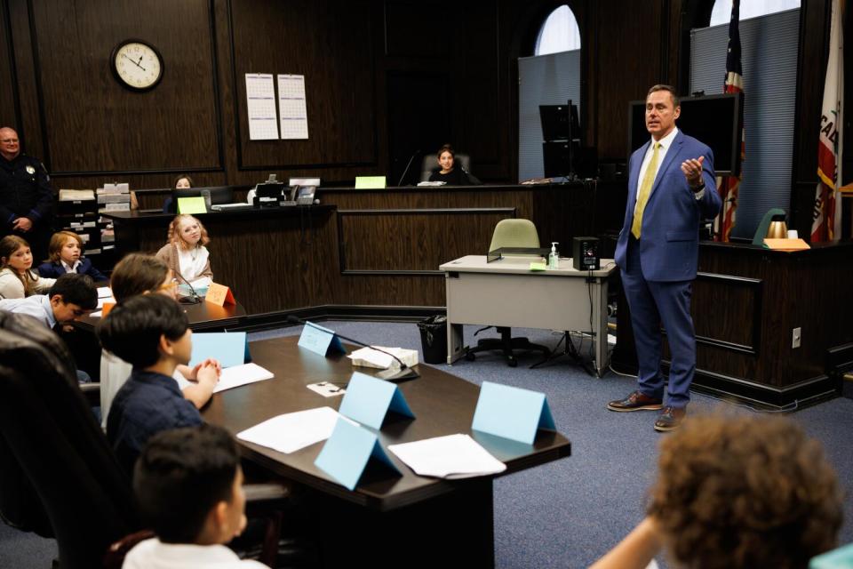 El Dorado County District Attorney Vern Pierson takes questions during a mock trial.