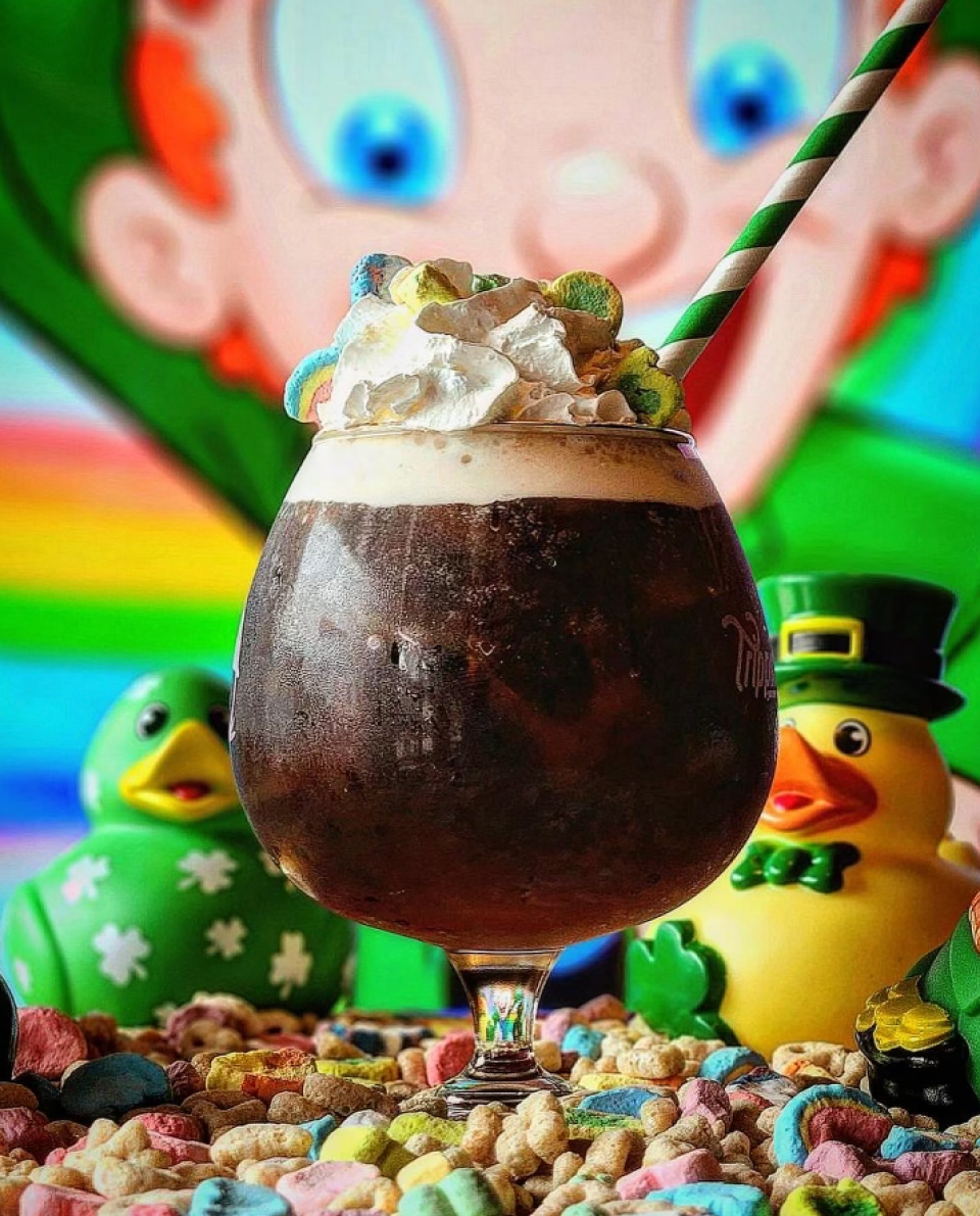 Play Arcade offers up the drink "Who's Your Paddy," which is tequila, Chambord, agave, topped with Guinness, whipped cream, and Lucky Charms marshmallows.