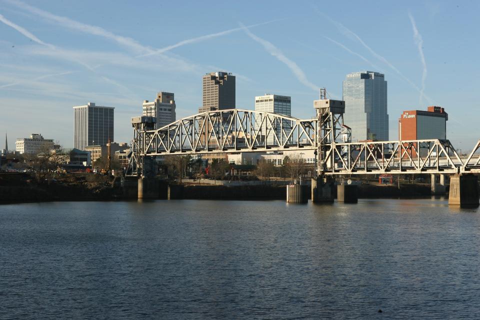 General view of Little Rock, Arkansas skyline with Junction Bridge in the foreground.