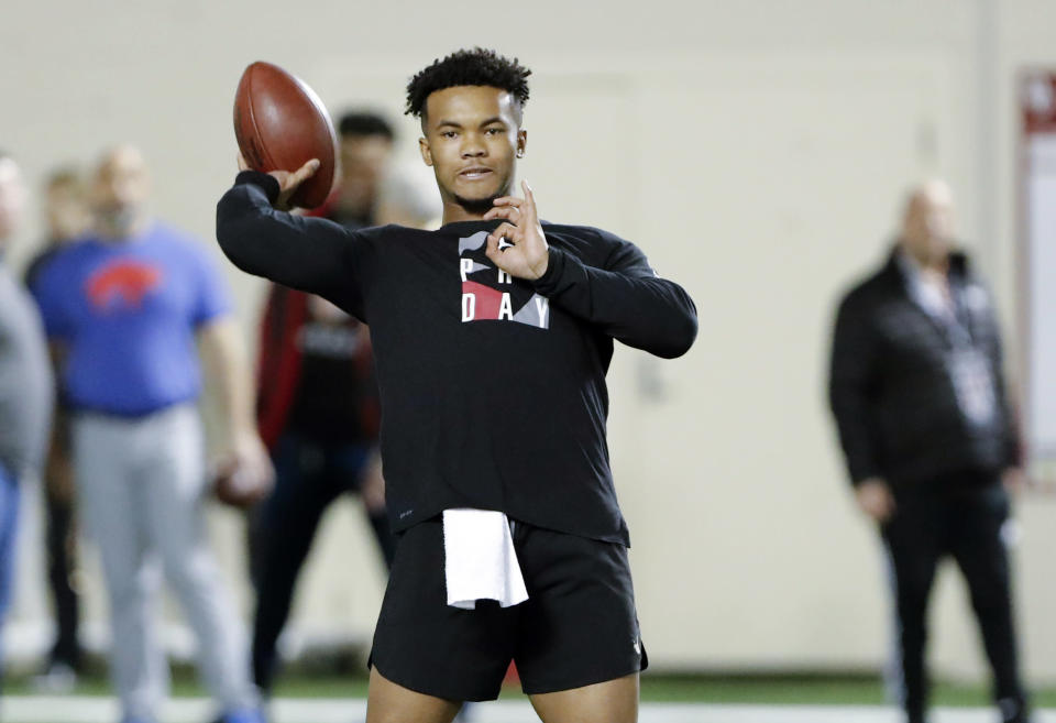 Oklahoma quarterback Kyler Murray goes through passing drills at the university's Pro Day for NFL scouts in Norman, Okla., Wednesday, March 13, 2019. (AP Photo/Alonzo Adams)