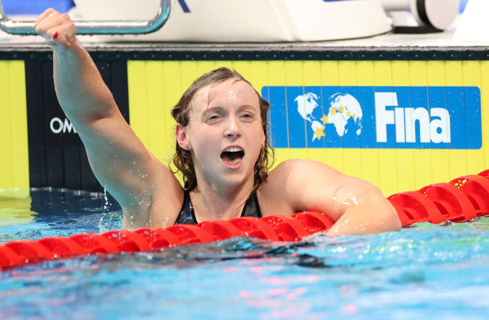 Katie Ledecky of the United States celebrates after the women's 1500m freestyle final at the 19th FINA World Championships in Budapest, Hungary, June 20, 2022. (Photo by Li Ying/Xinhua via Getty Images)