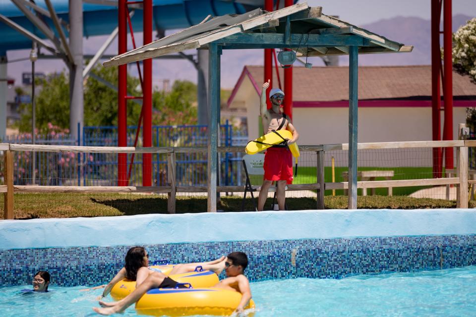 Lifeguards at Wet 'N' Wild Waterworld watch swimmers on Saturday, May 18, 2024, at the waterpark in Anthony, TX.