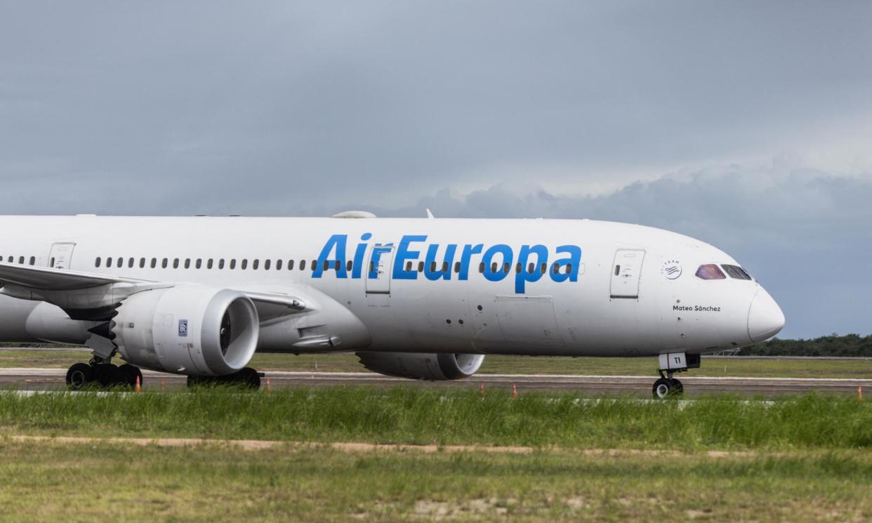 <span>The Boeing 787-9 Dreamliner plane at Natal international airport, in São Gonçalo de Amarante, Rio Grande do Norte, Brazil, on 1 July 2024. </span><span>Photograph: Alexandre Lago/Reuters</span>