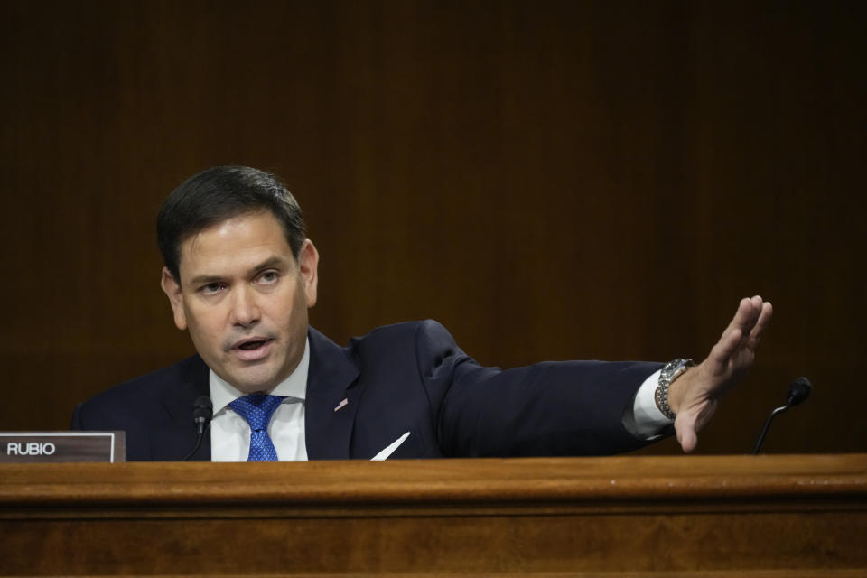 Sen. Marco Rubio, R-Fla., questions Secretary of State Antony Blinken listens during a Senate Foreign Relations Committee hearing, Tuesday, Sept. 14, 2021 on Capitol Hill in Washington. Blinken was questioned about the Biden administration's handling of the U.S. withdraw from Afghanistan. (Drew Angerer/Pool via AP)