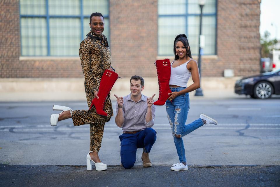 Left to right: Omari Collins (Lola), Corbin Payne (Charlie), Lisa Glover (as Charlie’s fiancé Lauren) in the Short North Stage’s “Kinky Boots.”