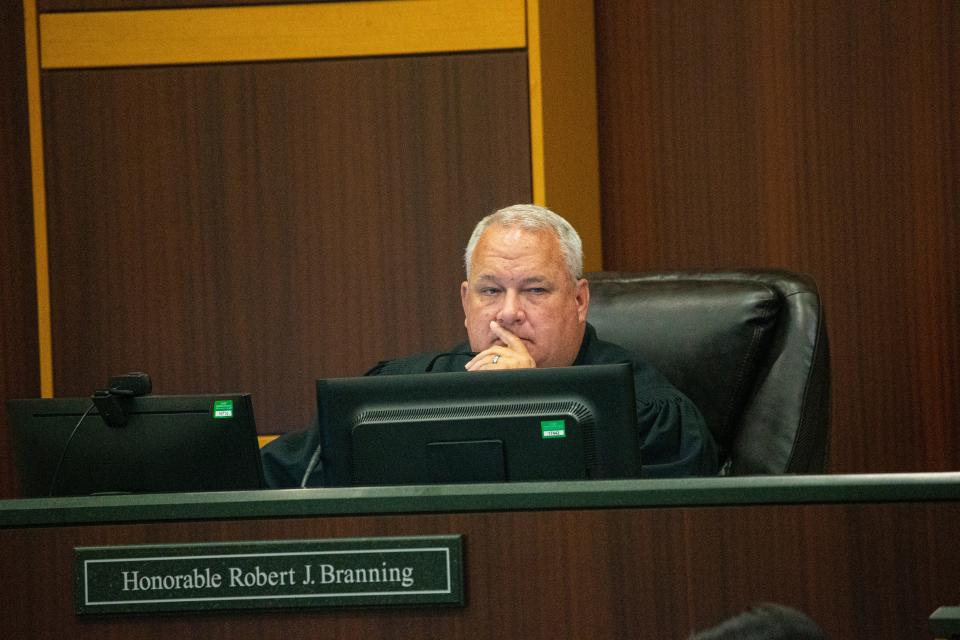 Judge Robert Branning speaks during the sentencing phase in the Wisner Desmaret phase of the trial on Monday, June 5, 2023. Desmaret was convicted in the murder of Fort Myers Police Officer, Adam Jobbers-Miller.  He was sentenced to life in prison.  