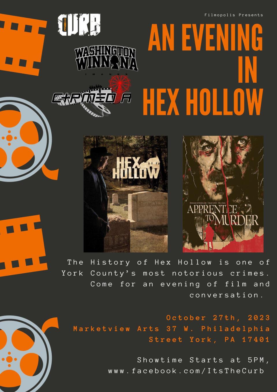 This poster promotes an upcoming “Filmopolis” event: “An Evening in Hex Hollow.” Author J. Ross McGinnis will introduce the evening.