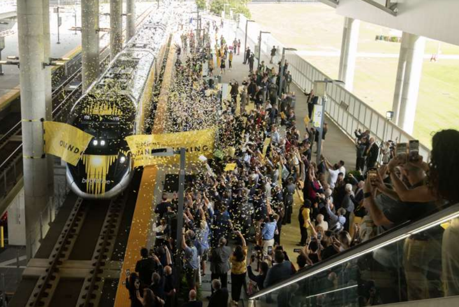 Brightline's inaugural train pulls into its station at Orlando International Airport on Sept. 22. In January, Brightline's long distance passengers accounted for more than half of its ridership, the first time that has happened.