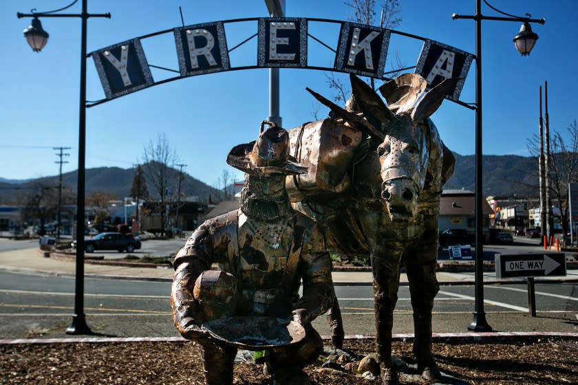 YREKA, CA - MARCH 04: Sculpted out of scrap metal in 1976, a bearded prospector pans for gold next to his pack mule greet passersby on {wdt} in Yreka, CA. (Jason Armond / Los Angeles Times)