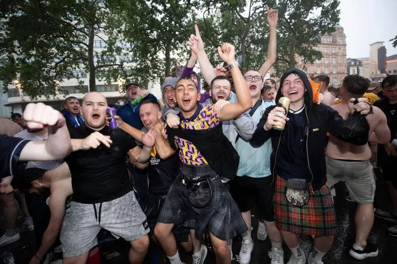 Scotland fans party in Leicester Square in London in June 2021 – despite the rain