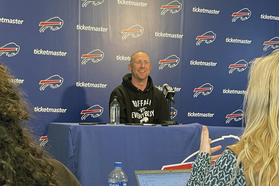 Buffalo Bills NFL football team interim offensive coordinator Joe Brady addresses the media for the first time since taking over after Ken Dorsey was fired, Thursday, Nov. 16, 2023, in Orchard Park, N.Y. (AP Photo/John Wawrow)