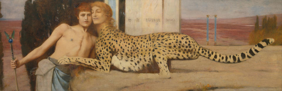 "Caresses" (1896) by Belgian painter Fernand Khnopff. Many tales and images from around the world describe romances between humans and nonhuman animals. <cite>Musées Royaux des Beaux-Arts</cite>