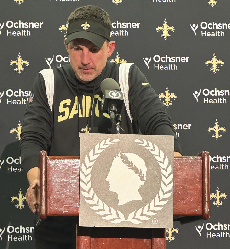 New Orleans Saints head coach Dennis Allen answers a question from the media following his team's loss to the Baltimore Ravens in an NFL football game Monday, Nov. 7, 2022, in New Orleans. (Hunter Dawkins/The Gazebo Gazette via AP)