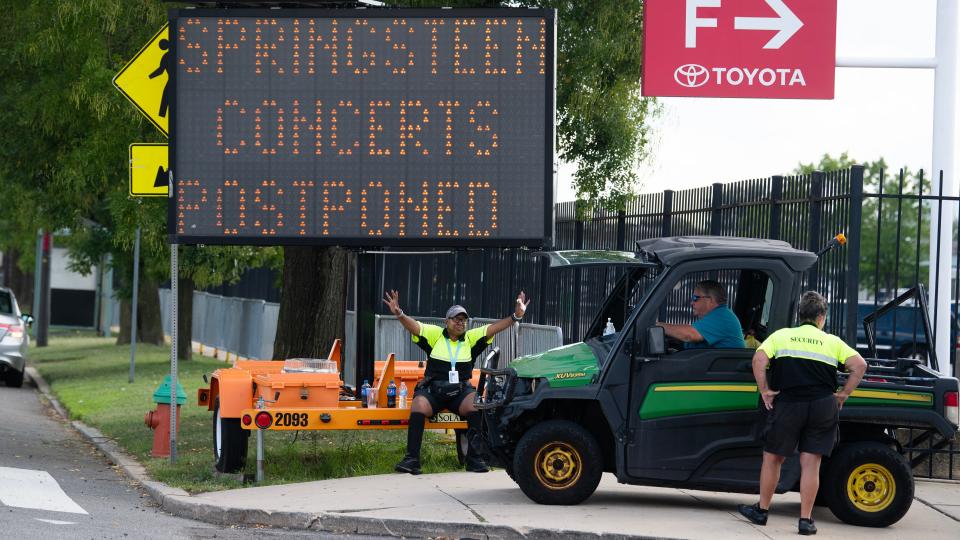A sign located near Citizens Bank Park in Philadelphia on Aug. 16 alerts visitors that the Bruce Springsteen concerts scheduled to take place at Citizens Bank Park that night and Aug. 18 have been postponed.