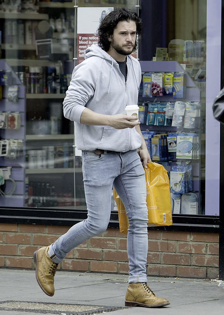 <p>In London, shopping was on the agenda for the <a rel="nofollow" href="https://www.yahoo.com/entertainment/kit-harington-hilariously-reveals-ruined-160645498.html" data-ylk="slk:newly engaged;elm:context_link;itc:0;sec:content-canvas;outcm:mb_qualified_link;_E:mb_qualified_link;ct:story;" class="link  yahoo-link">newly engaged</a> <em>Game of Thrones</em> co-star on his day off. (Photo: Ray Crowder/GC Images) </p>