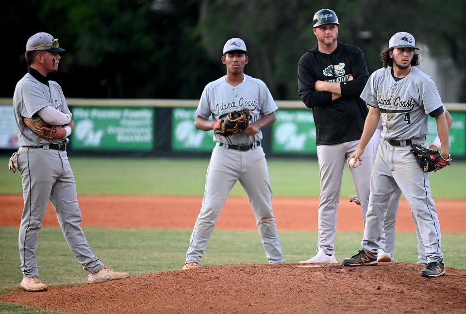 Island Coast High School makes a pitching change during their game with Fort Myers High School in the Class 5A- District 10 championship game in Fort Myers, Friday, April 30,2021.(Photo/Chris Tilley)