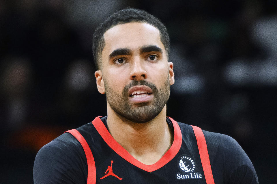 FILE - Toronto Raptors forward Jontay Porter lookson during the first half of the team's NBA basketball game against the Chicago Bulls, Jan. 18, 2024, in Toronto. Court papers indicate that former Toronto Raptors player Jontay Porter will be charged with a federal felony connected to the sports betting scandal that spurred the NBA to ban him for life. (Christopher Katsarov/The Canadian Press via AP, File)